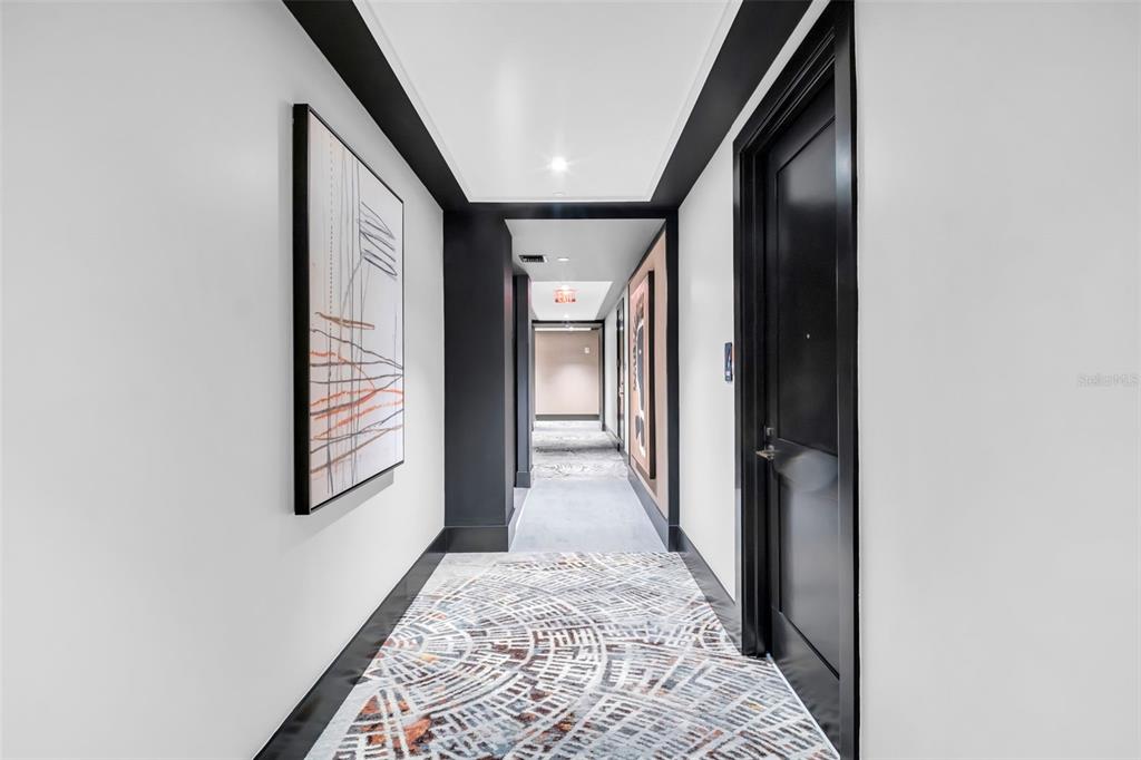 A modern hallway features patterned carpet, black trim, and framed artwork on white walls — 275 1ST AVENUE S UNIT 2807, ST PETERSBURG, FL