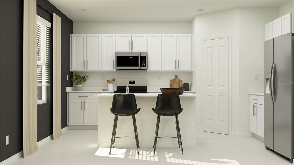 This rendering shows a modern kitchen with white cabinets, a central island, and stainless appliances — 38388 PINDOS DRIVE, DADE CITY, FL