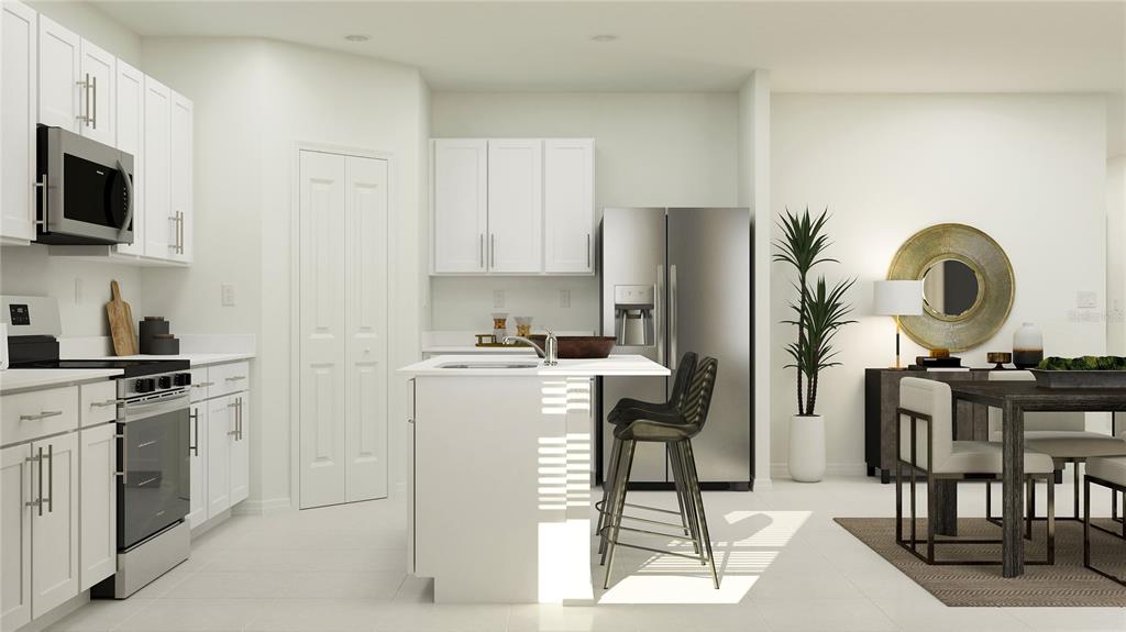 This is a rendering of a modern kitchen featuring white cabinets, stainless appliances, and an island — 38388 PINDOS DRIVE, DADE CITY, FL