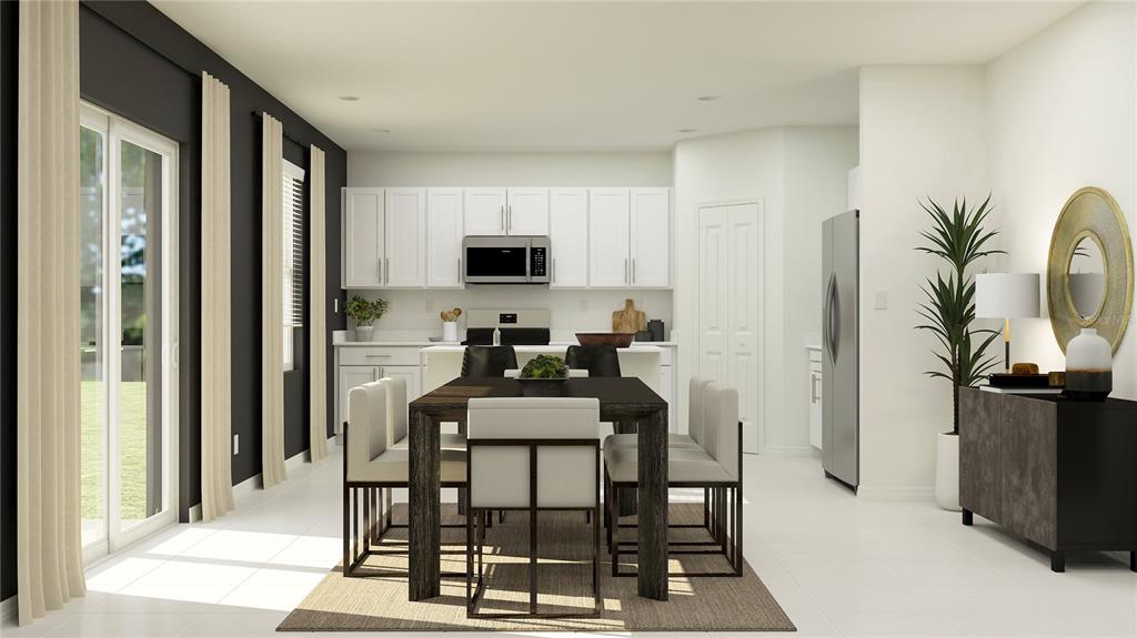 This rendering shows a modern kitchen and dining area with white cabinets and dark furniture — 38388 PINDOS DRIVE, DADE CITY, FL