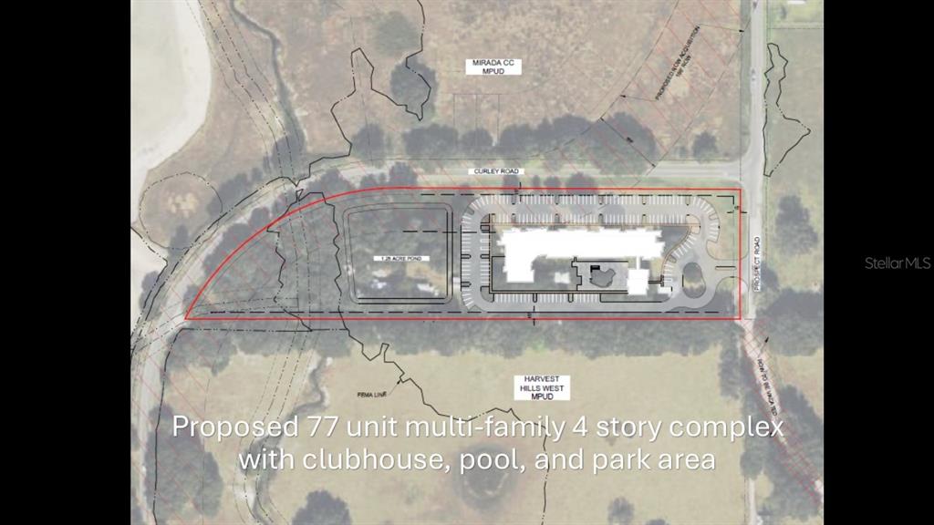 This site plan rendering shows a proposed four-story multi-family complex with a pond and parking — 32551 LEONARD ROAD, SAN ANTONIO, FL