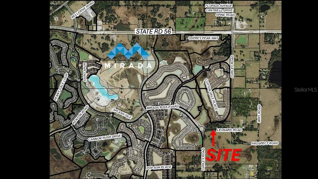 This is a map showing the Mirada community layout and the location of a specific site — 32551 LEONARD ROAD, SAN ANTONIO, FL