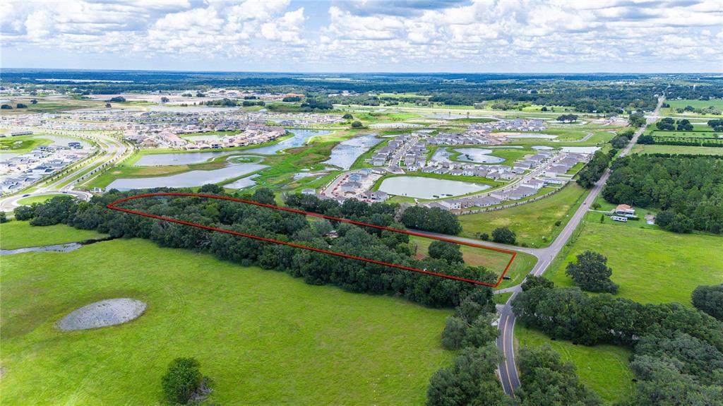 An aerial view shows a wooded property outlined in red surrounded by open green fields — 32551 LEONARD ROAD, SAN ANTONIO, FL