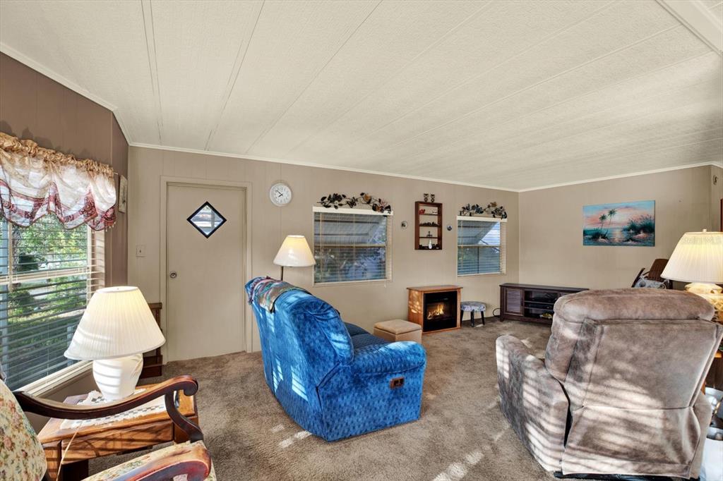 A living room features a blue sofa, a tan recliner, carpeted flooring, and a small fireplace — 14294 BROOKRIDGE BOULEVARD, BROOKSVILLE, FL