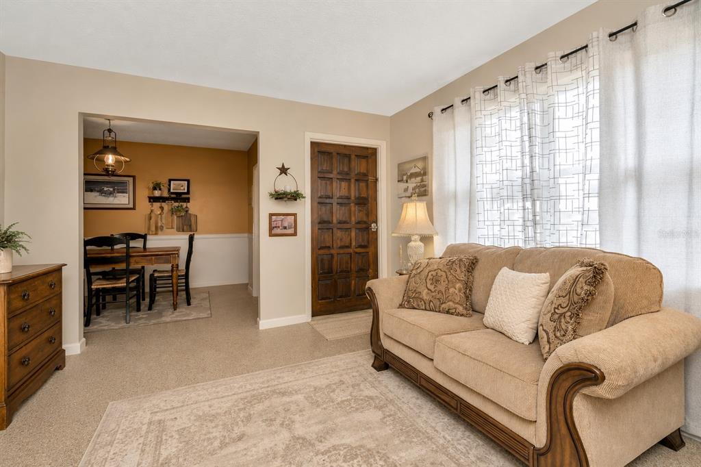A living room with a tan sofa, carpeted floors, and an adjacent dining area — 12212 FLORAL LANE, THONOTOSASSA, FL