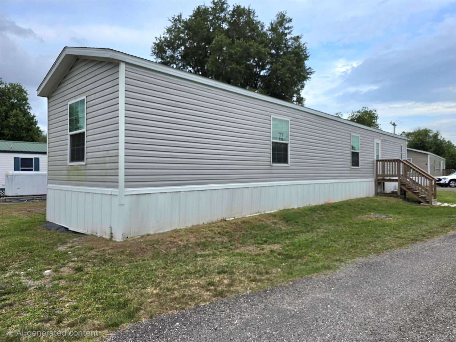 A gray manufactured home with white skirting and a wooden staircase sits on a lot — 4649 NW 30th Street, Okeechobee FL 34972, OKEECHOBEE, FL
