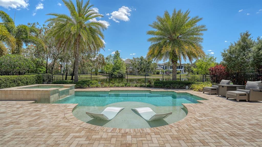 A swimming pool with a tanning ledge and spa overlooks a lake and palm trees — 7975 MATERA COURT, LAKEWOOD RANCH, FL