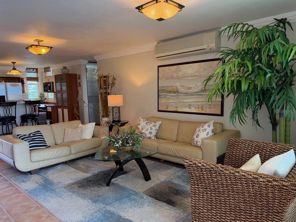 A living room features two beige leather sofas, a glass coffee table, and a wicker chair — PR3 CARR. PUERTO DEL REY UNIT PC2, CEIBA, PR