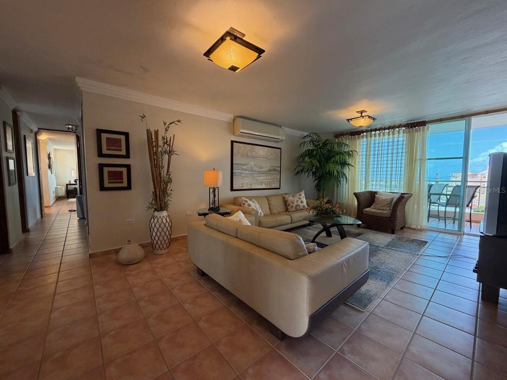 A living room features tile floors, beige sofas, a large potted plant, and a balcony view — PR3 CARR. PUERTO DEL REY UNIT PC2, CEIBA, PR