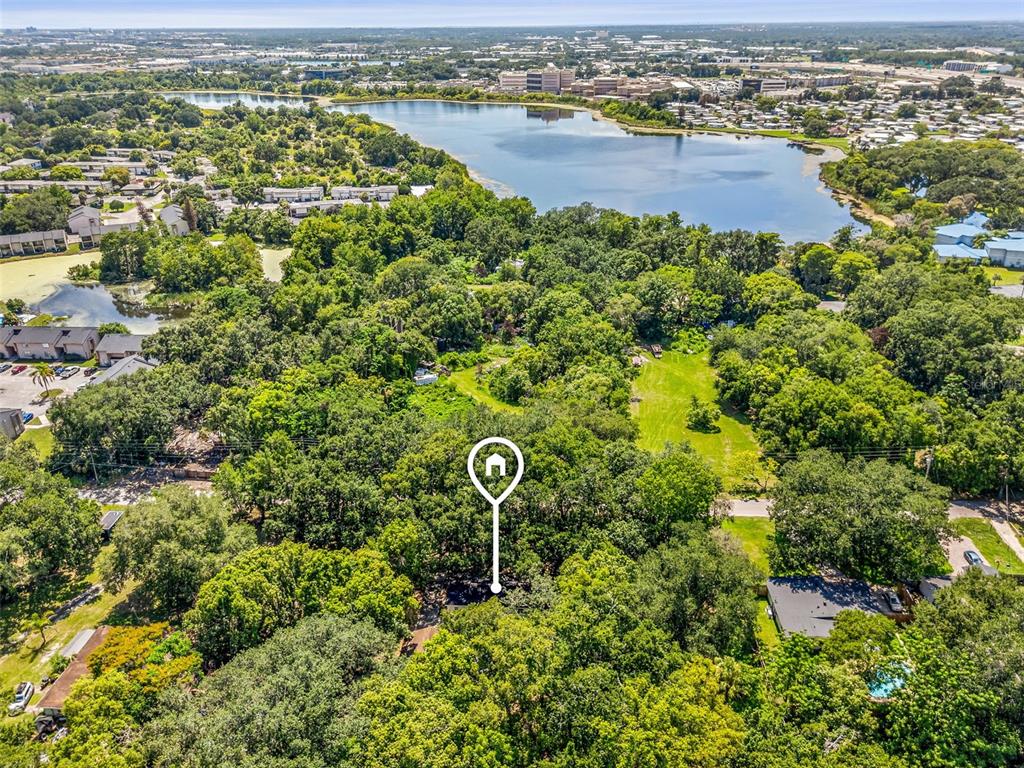 An aerial view shows a wooded lot with a house marker near a large lake — 3805 S TAMPA AVENUE, ORLANDO, FL