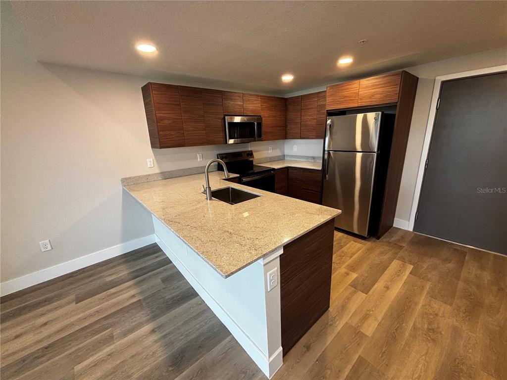 A modern kitchen features wood-grain cabinets, granite countertops, stainless steel appliances, and wood-look flooring — 4424 S TEXAS AVENUE UNIT 304, ORLANDO, FL