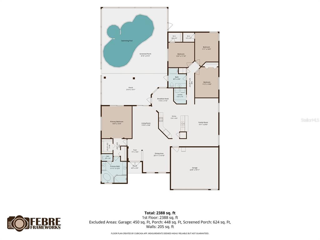 This floor plan shows a single-story house with a swimming pool and attached garage — 2349 CHESTERFIELD CIRCLE, LAKELAND, FL