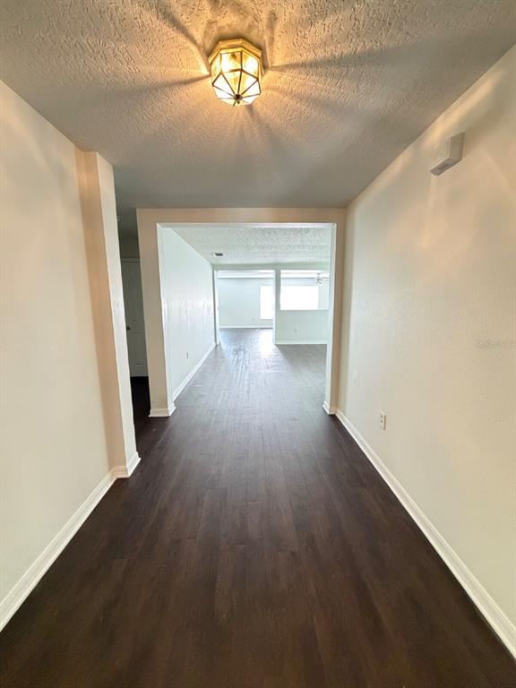 A hallway with dark wood-look flooring leads into a bright, open-concept living area — 1153 ELDERBERRY DRIVE, DAVENPORT, FL