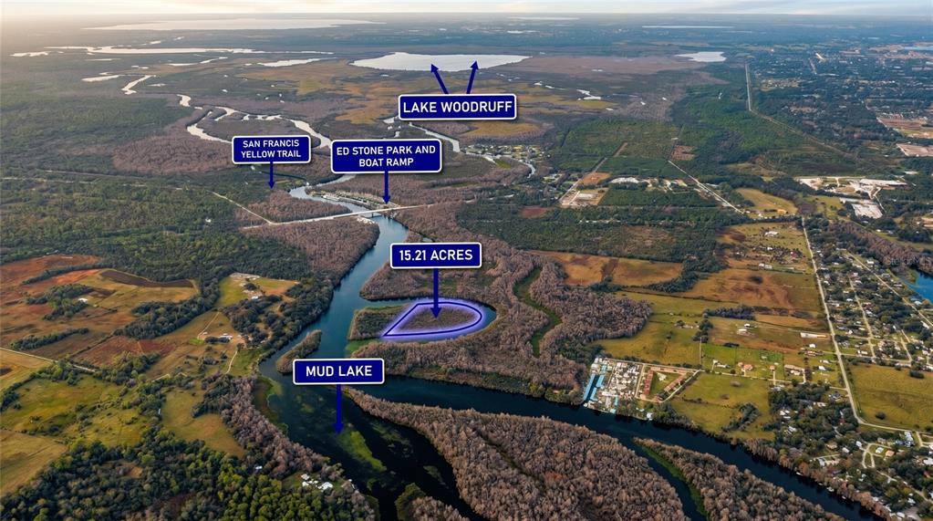 This aerial map shows a 15.21-acre property located near Mud Lake and Lake Woodruff — 0000 CUMMER ROAD, DELAND, FL