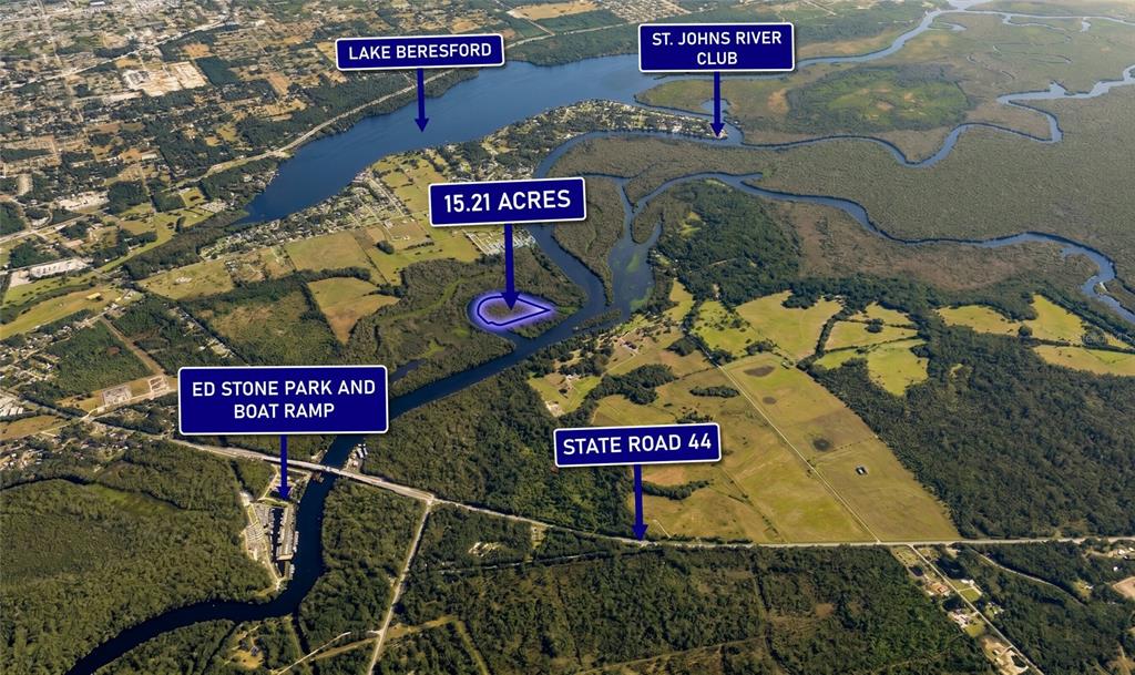 An aerial view shows a 15.21-acre property near Lake Beresford, the St. Johns River, and roads — 0000 CUMMER ROAD, DELAND, FL