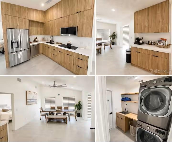 A collage shows a modern kitchen, dining area, and laundry room with light wood cabinetry — 4760 CAMPHOR AVENUE, SARASOTA, FL