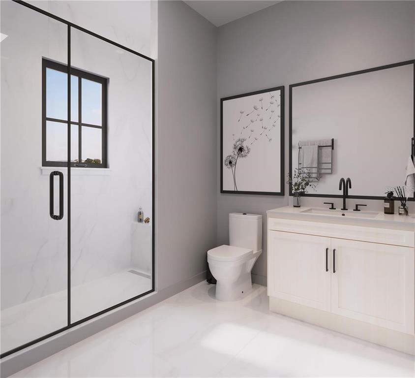 This rendering shows a modern bathroom with a glass-enclosed shower, white vanity, and toilet — 650 MEDORA WAY, WINTER GARDEN, FL