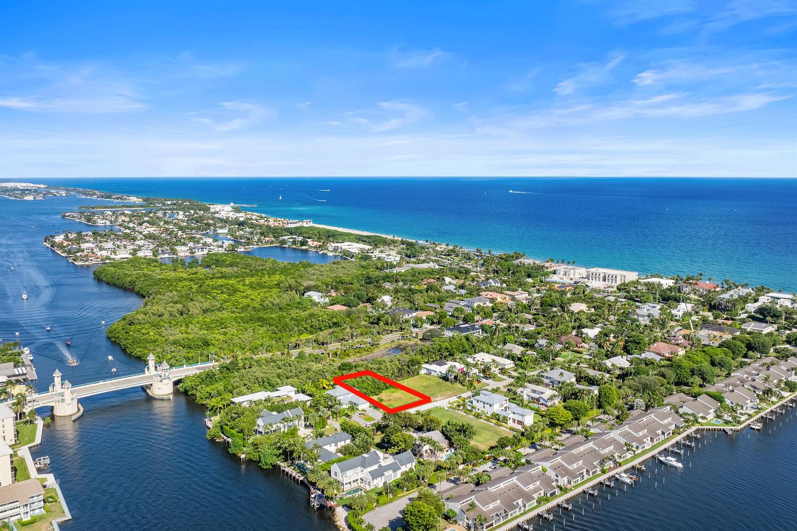 An aerial view shows a vacant rectangular lot outlined in red within a coastal neighborhood — 22 Hudson Avenue, Ocean Ridge FL 33435, OCEAN RIDGE, FL
