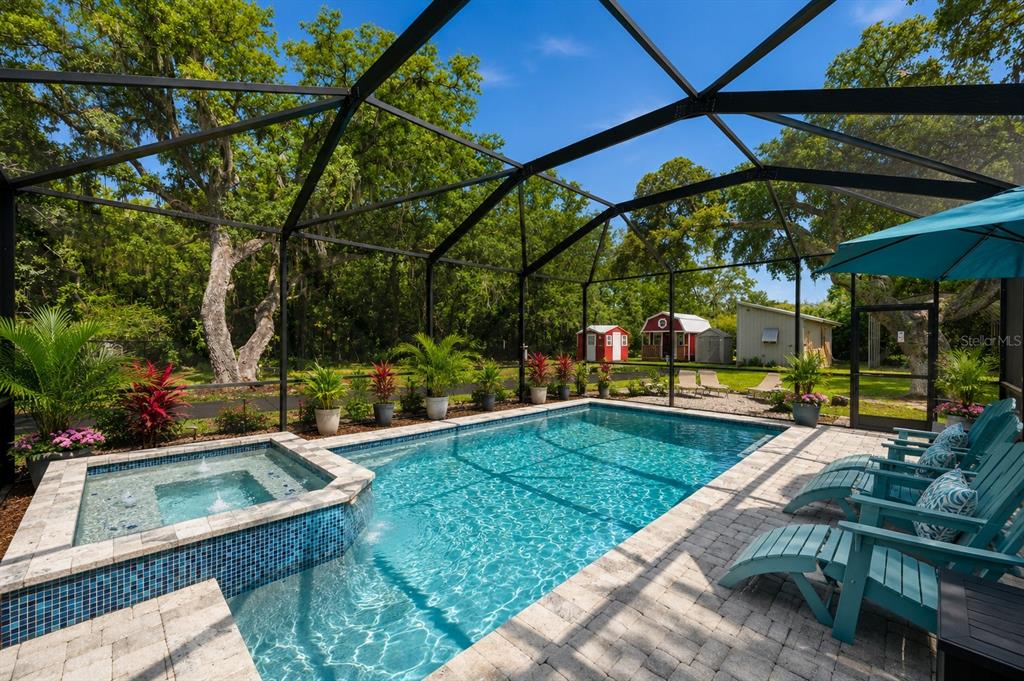 A screened-in swimming pool and hot tub with a patio and backyard view — 5710 MOUNT OLIVE ROAD, POLK CITY, FL