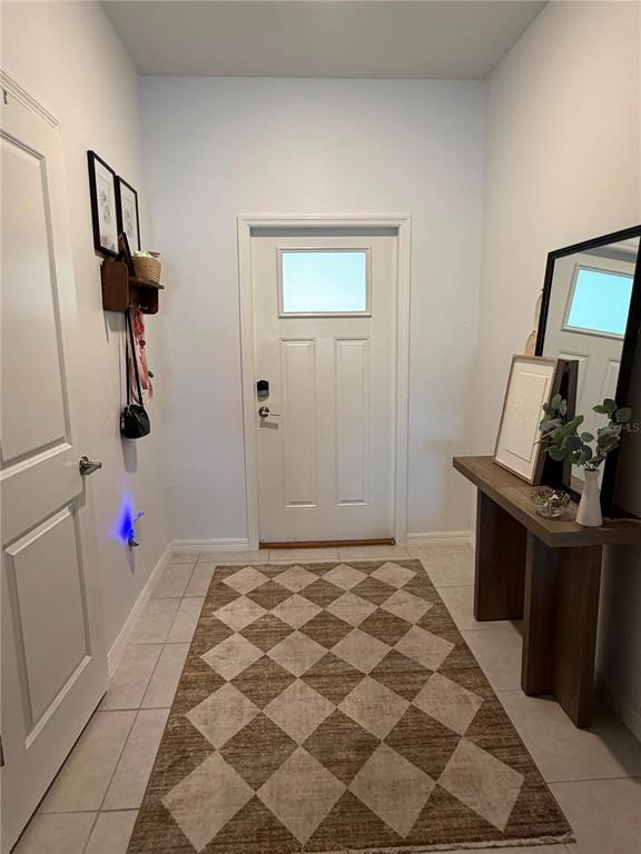 An entryway features a white door, a diamond-patterned rug, and a wooden console table — 21161 THREADFIN WAY, LAND O LAKES, FL