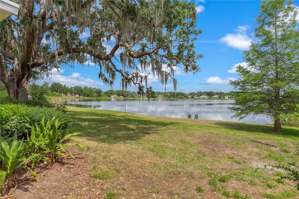 A grassy backyard overlooks a calm lake under a large oak tree with Spanish moss — 1451 OSCEOLA AVENUE, TAVARES, FL