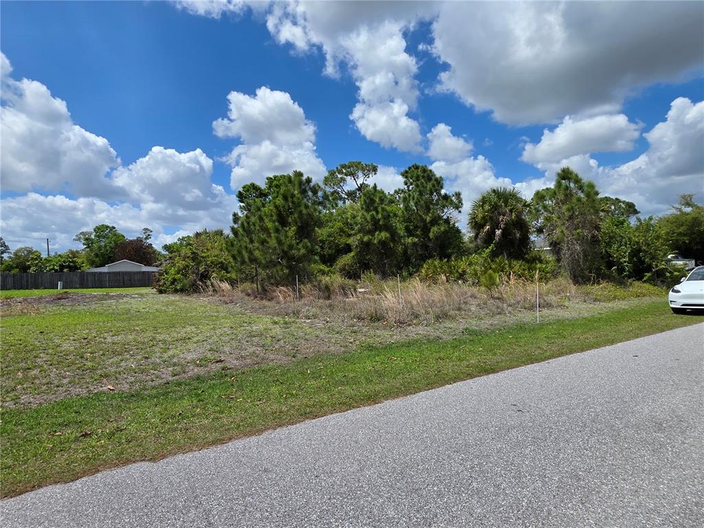 A vacant, grassy lot with trees and shrubs sits beside a paved residential street — 215 FLETCHER STREET, PORT CHARLOTTE, FL