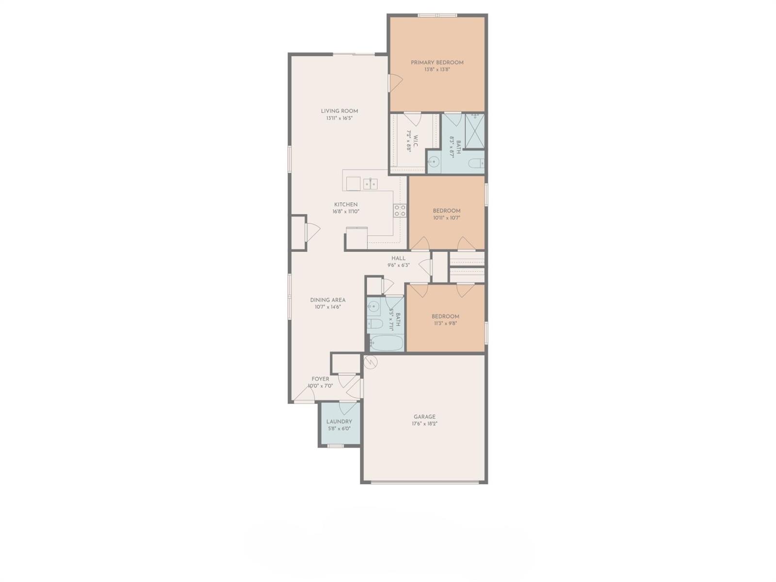 This is a floor plan for a three-bedroom, two-bathroom apartment with an attached garage — 5414 Delight Drive, Fort Pierce FL 34947, FORT PIERCE, FL