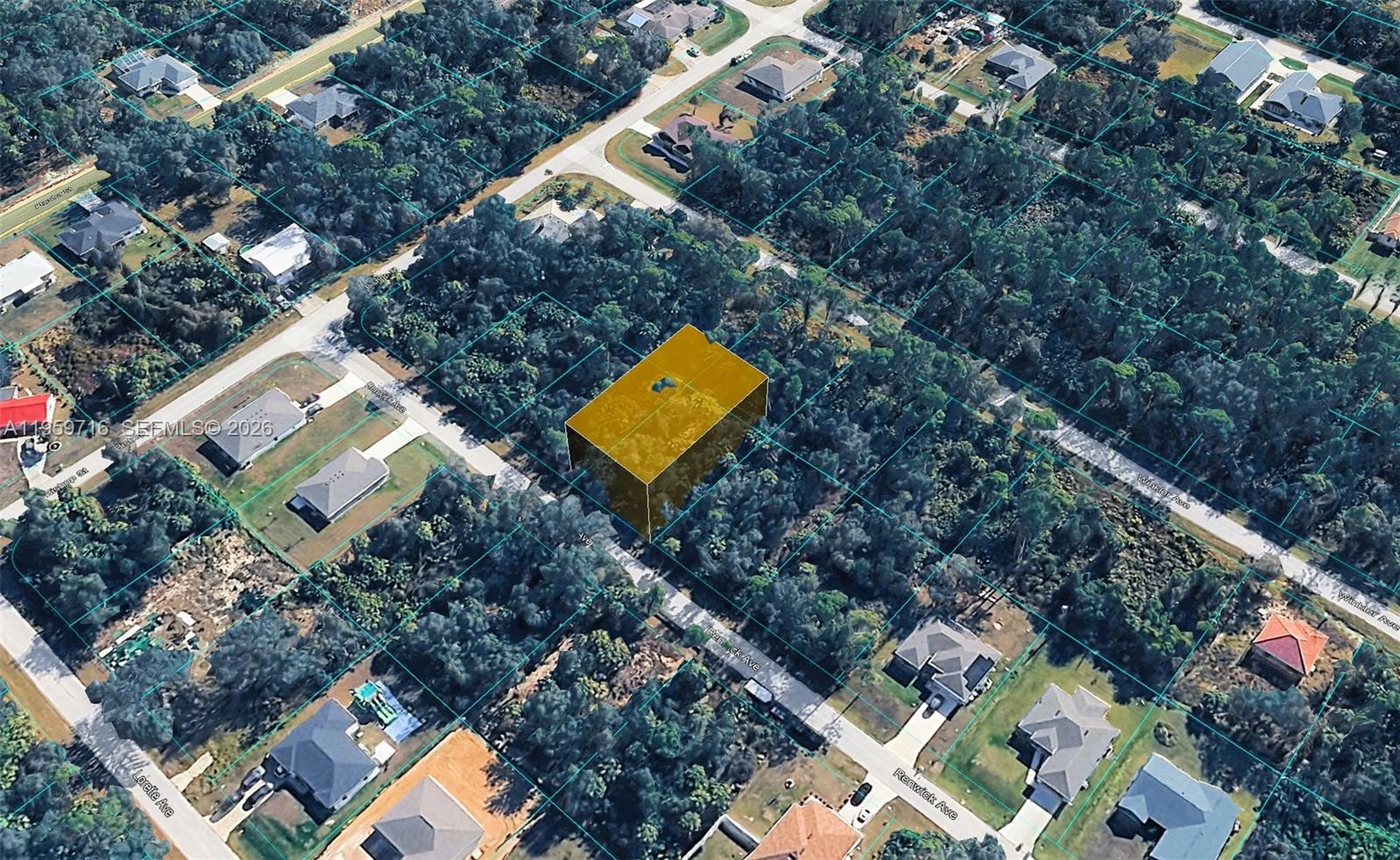 An aerial view shows a highlighted vacant residential lot surrounded by trees and nearby houses — 20249 Renwick AVE, Port Charlotte FL 33954, PORT CHARLOTTE, FL