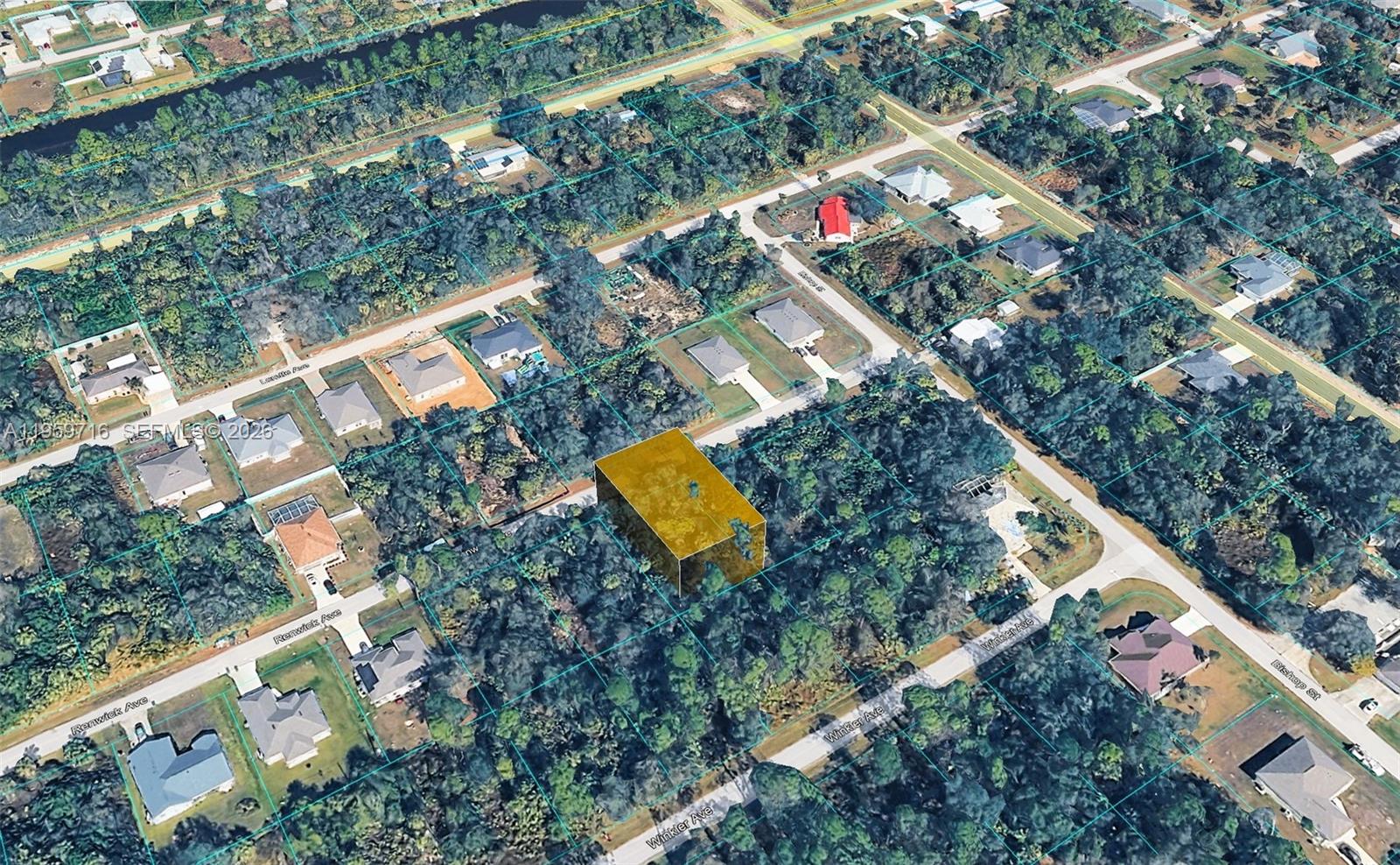 An aerial view shows a vacant, wooded residential lot highlighted in yellow among suburban homes — 20249 Renwick AVE, Port Charlotte FL 33954, PORT CHARLOTTE, FL