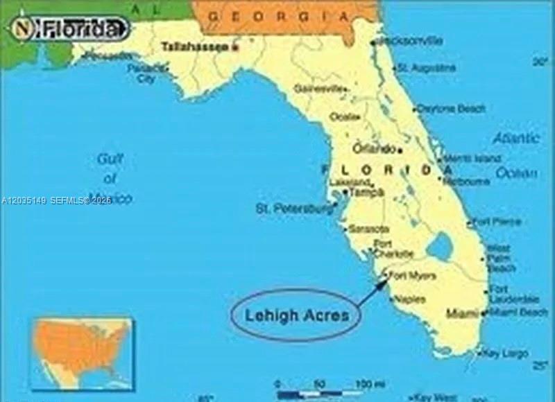 This is a map of Florida with an arrow pointing to the location of Lehigh Acres — 1060 Beggs St E, Lehigh Acres FL 33974, LEHIGH ACRES, FL