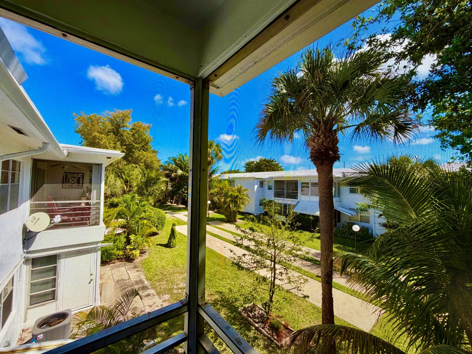 A view from a screened-in balcony overlooking a grassy courtyard with palm trees and buildings — 2551 W Golf Boulevard # 204, Pompano Beach FL 33064, POMPANO BEACH, FL
