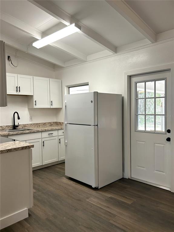 A kitchen features white cabinets, a white refrigerator, a sink, and wood-look flooring — 34798 EVERGREEN WAY, DADE CITY, FL
