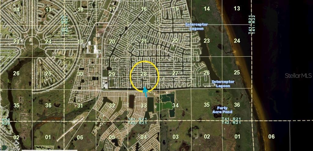This is a map showing a residential neighborhood with a yellow circle highlighting section 28 — 10480 KINGSVILLE DRIVE, PORT CHARLOTTE, FL