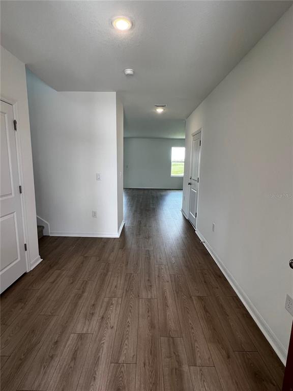 A hallway with wood-look flooring leads toward an open living area with a window — 12918 RED DEER PLACE, PARRISH, FL