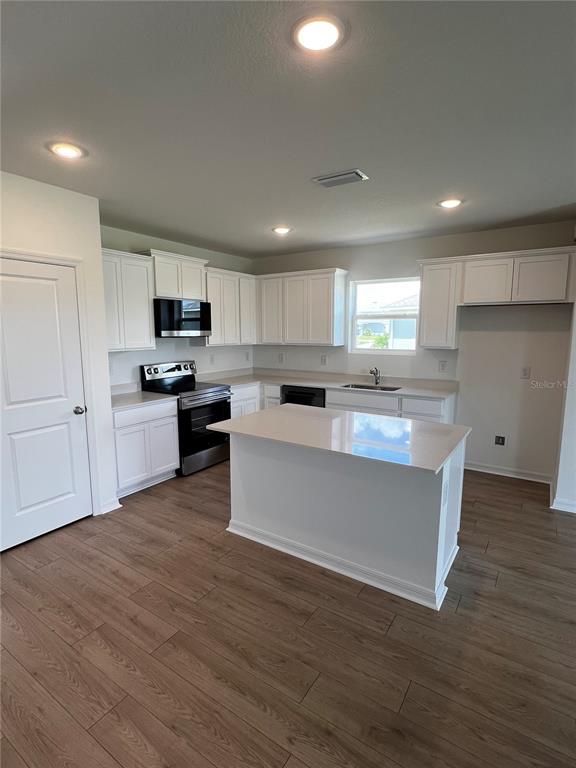 A kitchen features white cabinets, a central island, stainless steel appliances, and wood-look flooring — 12918 RED DEER PLACE, PARRISH, FL