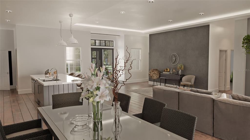 This rendering shows an open-concept living area with a kitchen, dining space, and gray accents — 15945 VISCOUNT CIRCLE, PORT CHARLOTTE, FL