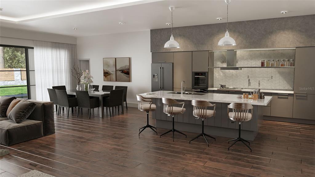 This is a rendering of an open-concept kitchen and dining area with dark wood flooring — 15945 VISCOUNT CIRCLE, PORT CHARLOTTE, FL