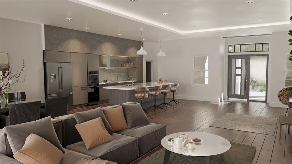 This rendering shows an open-concept kitchen and living area with modern finishes and wood flooring — 15945 VISCOUNT CIRCLE, PORT CHARLOTTE, FL
