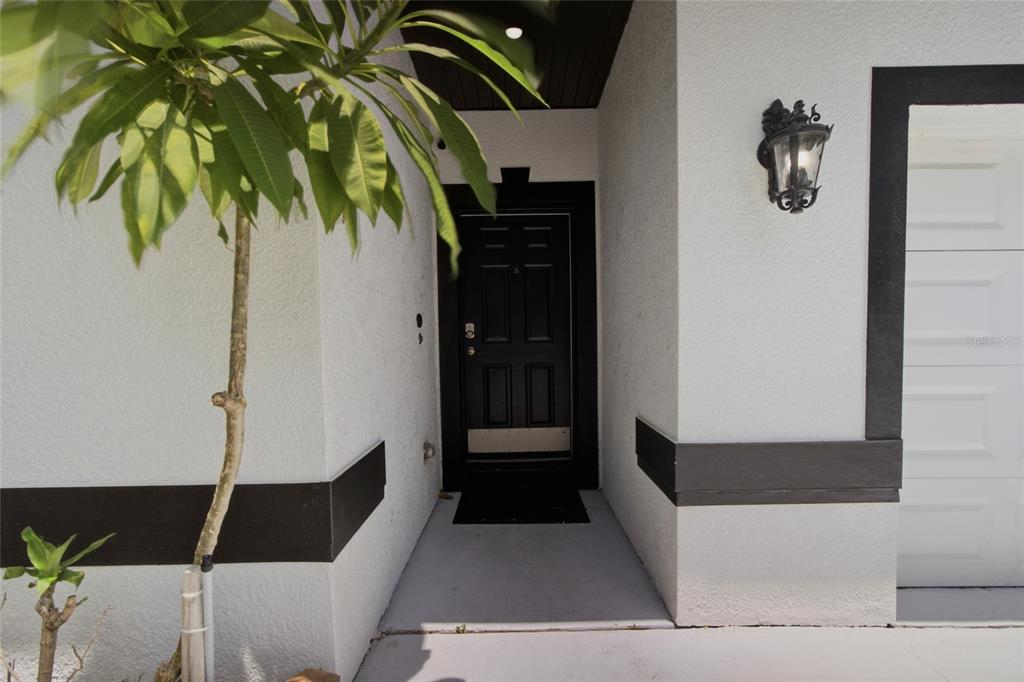 A black front door is set within a white stucco entryway next to a garage — 8205 N 12TH STREET, TAMPA, FL