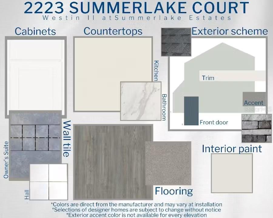 This design board displays material samples for home finishes, including cabinetry, countertops, flooring, and exterior — 2223 SUMMERLAKE COURT, AUBURNDALE, FL