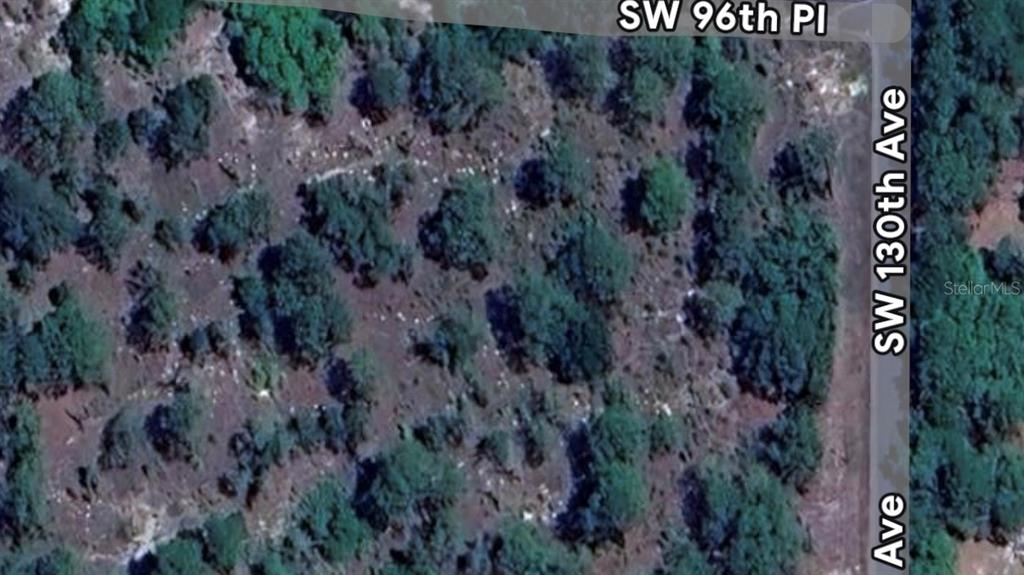 This is an aerial view of a wooded, undeveloped corner lot at a street intersection — SW 130TH AVENUE, DUNNELLON, FL