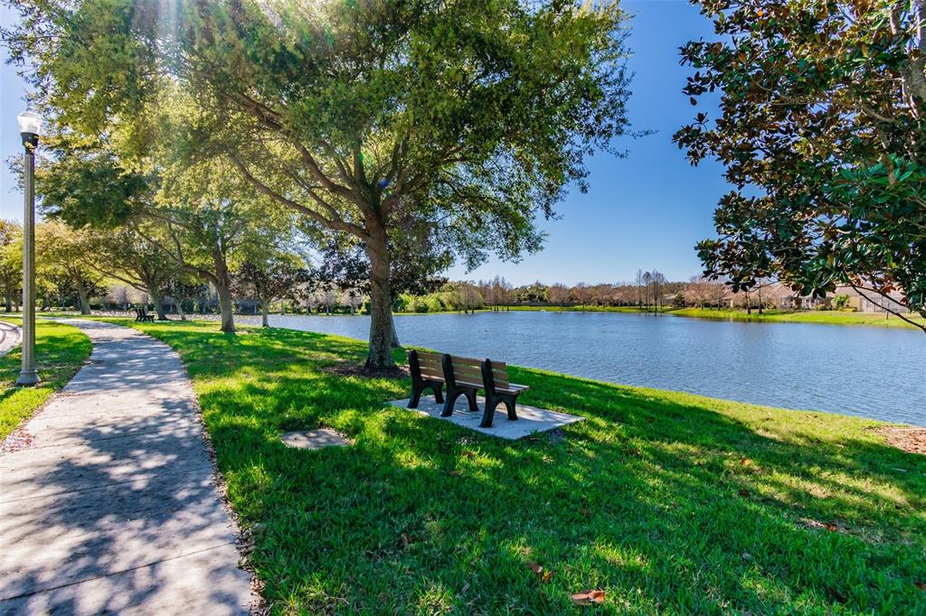 A paved walking path runs alongside a grassy area with a bench overlooking a lake — 2211 BARRACUDA COURT, HOLIDAY, FL