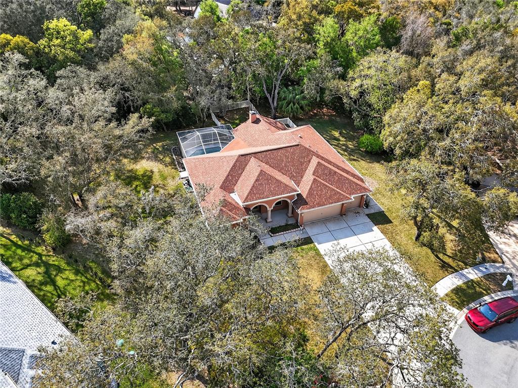 An aerial view shows a single-story house with a red roof, pool cage, and driveway — 14024 WARM SPRINGS COURT, HUDSON, FL