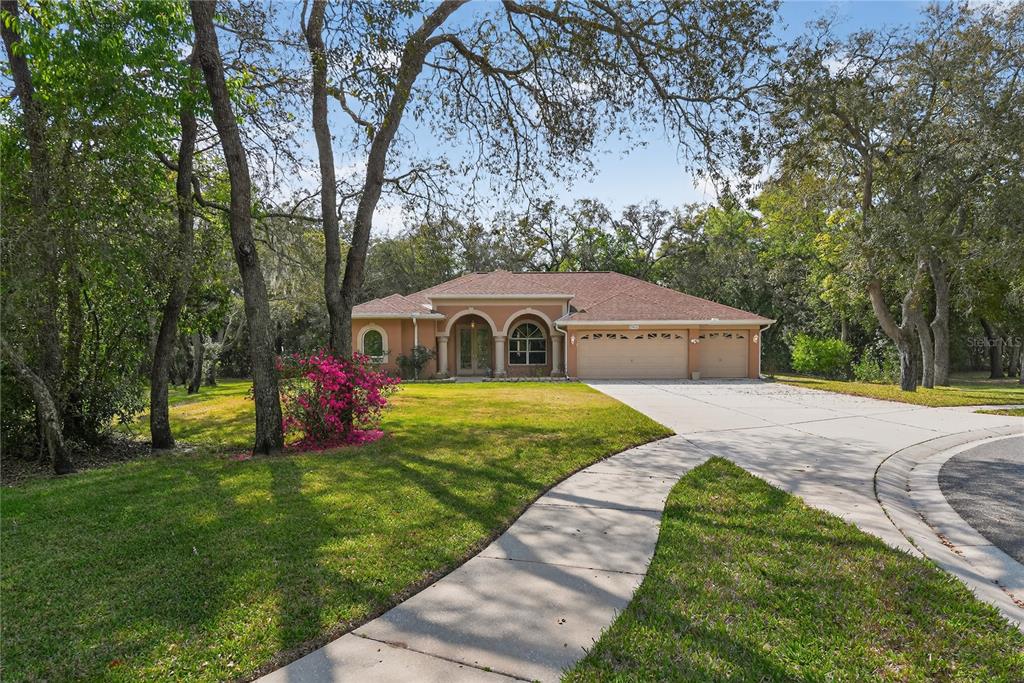 A single-story house with a tan stucco exterior, arched entryway, and a three-car garage — 14024 WARM SPRINGS COURT, HUDSON, FL