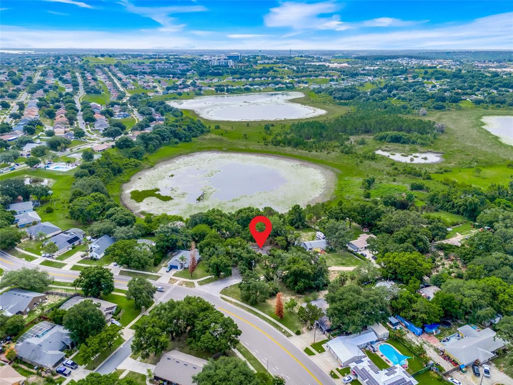 An aerial view shows a residential neighborhood with a red pin marking a wooded lot — 14436 CLERANDO DR, CLERMONT, FL