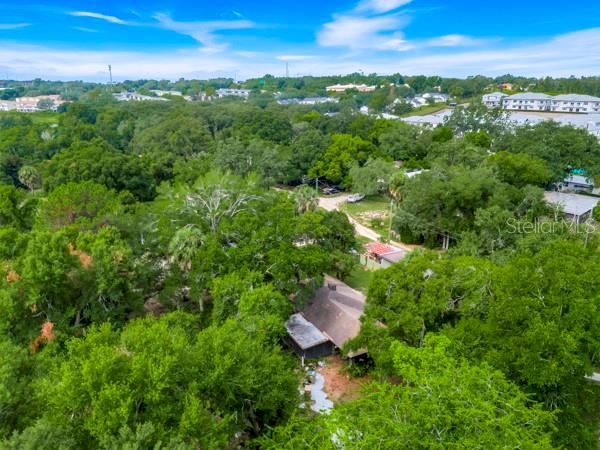 An aerial view shows a house nestled among dense trees with a nearby residential neighborhood — 14436 CLERANDO DR, CLERMONT, FL