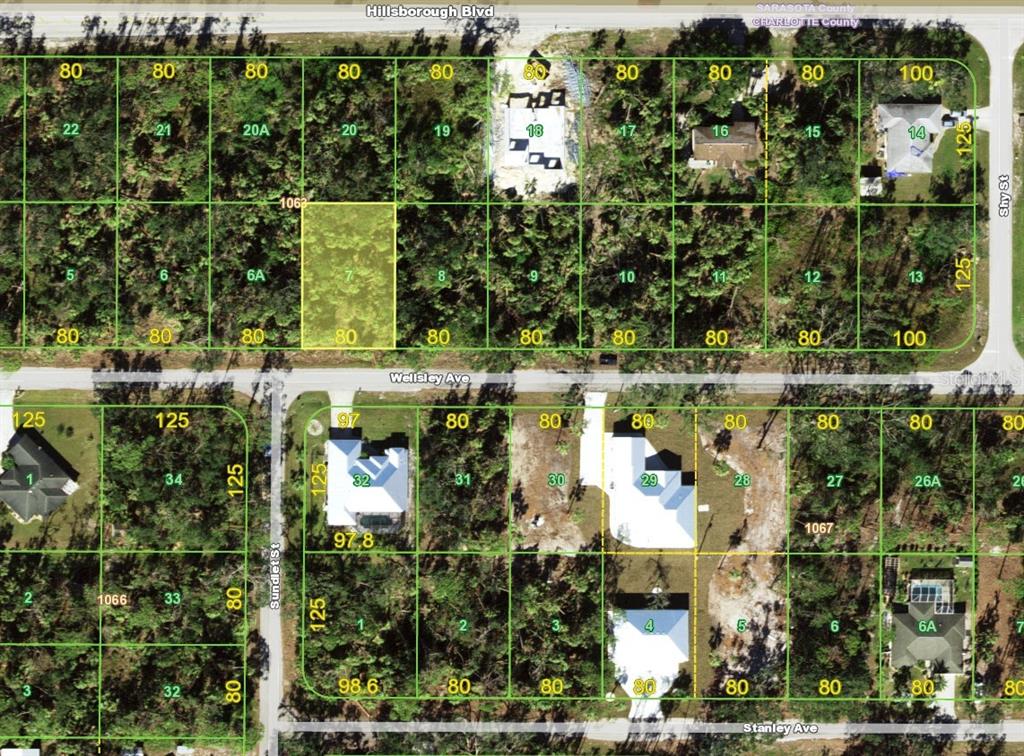 This is a satellite map showing residential lots and street layouts in a wooded area — 17362 WELLSLEY AVENUE, PORT CHARLOTTE, FL
