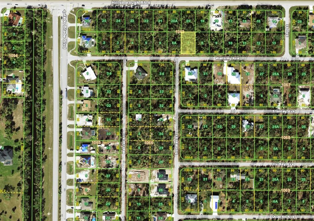 This is a satellite map showing residential lots and street layouts in a suburban neighborhood — 17362 WELLSLEY AVENUE, PORT CHARLOTTE, FL