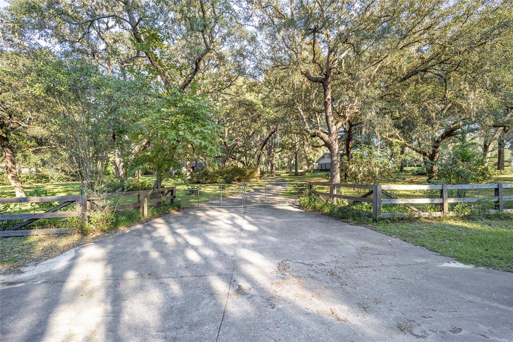A concrete driveway leads to a gated entrance surrounded by large trees and wooden fencing — 13315 NE 47TH AVENUE, ANTHONY, FL