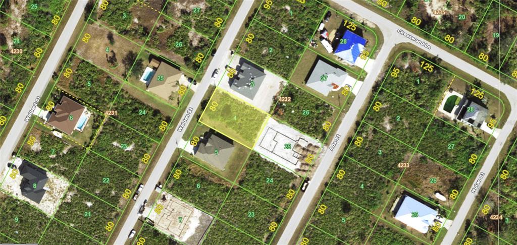This is an aerial map showing residential lots, streets, and some houses under construction — 8316 WALDEN STREET, PORT CHARLOTTE, FL